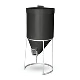 A black cylindrical 200 litre mini silo with galvanised metal stand
