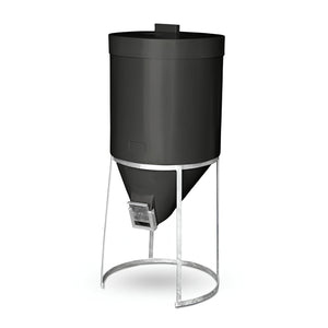 A black cylindrical 200 litre mini silo with galvanised metal stand