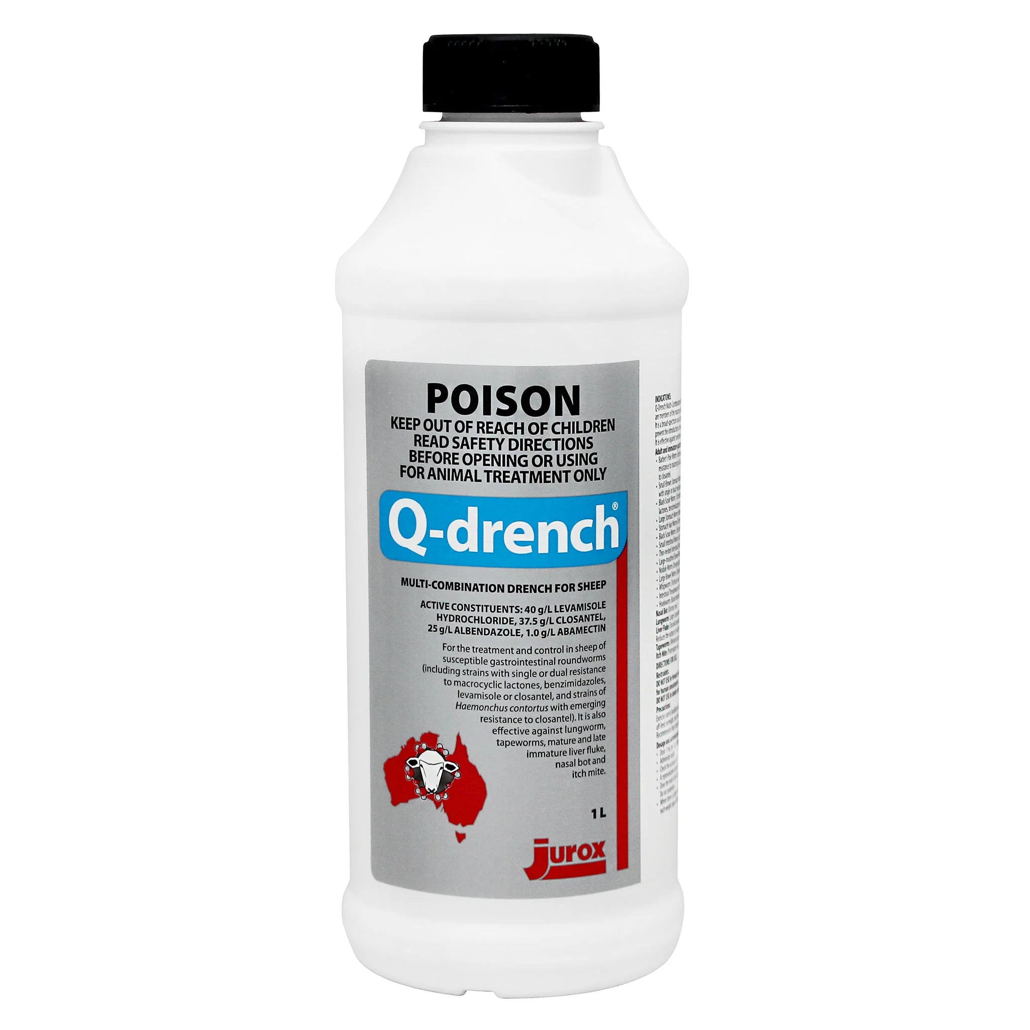 Q-drench 1 litre bottle with label on a white background
