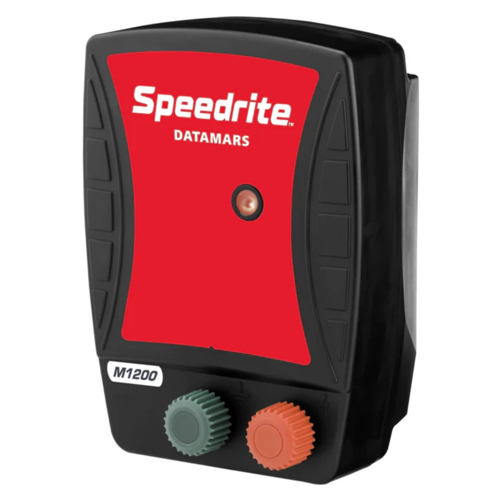 Speedrite Datamars energiser with red and black design on a white background