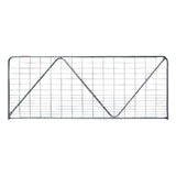 Metal 12 foot wire grid fence gate panel on a white background