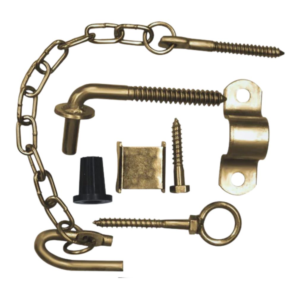Collection of gate fitting hardware components including a chain, eye bolt, and screws on a white background.