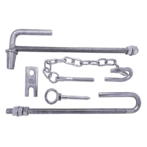 Set of metal fencing hardware components including bolts, nuts, and a chain on a white background