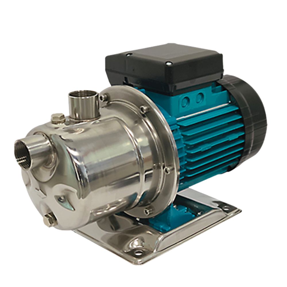 Pump with metallic and blue components on a white background