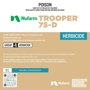 Nufarm Trooper 75-D herbicide packaging with safety warnings and product details.