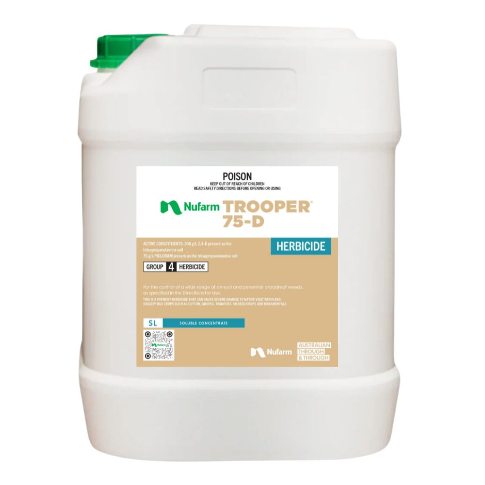 White 20 litre herbicide container with Nufarm Trooper 75-D label on a white background