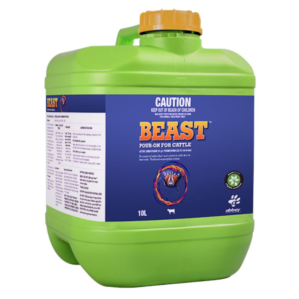 Green container of 'BEAST' pour-on for cattle with blue label on a white background