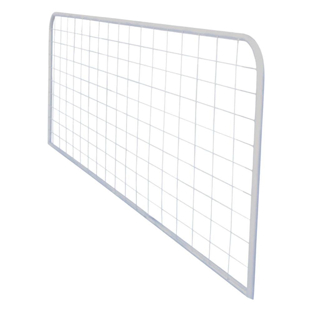 Metal fence gate with grid design on a white background