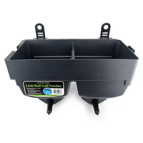 Black Link Rail Calf Feeder with brand label on a white background
