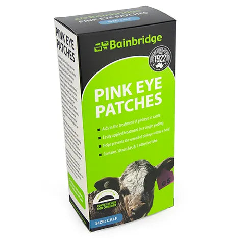 Box of Bainbridge Pink Eye Patches with a cow on the packaging.