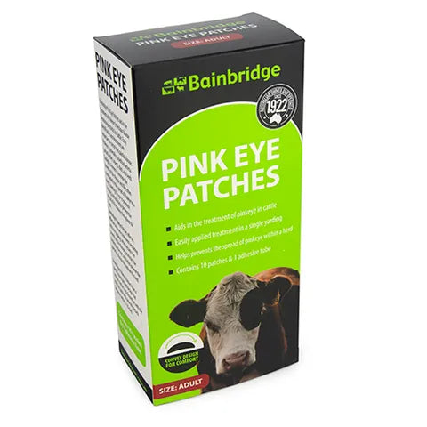 Box of Bainbridge Pink Eye Patches with a cow image on a white background