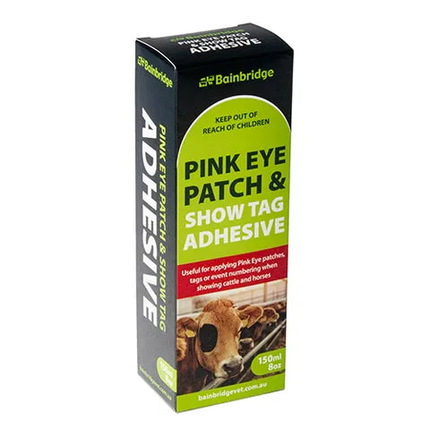 Box of Bainbridge Pink Eye Patch & Show Tag Adhesive with a cow image on a white background
