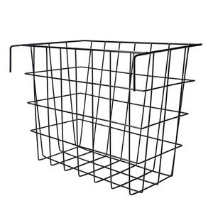 Black wire hay storage basket on a white background