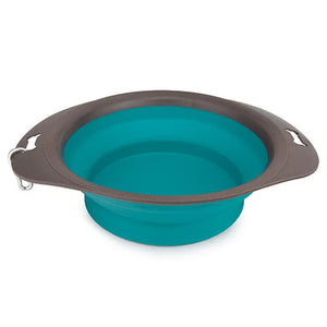 Collapsible teal pet bowl with brown handle on a white background