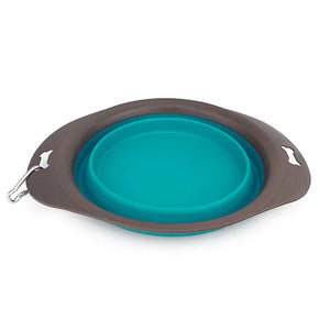 Collapsible pet water bowl with teal interior and grey exterior on a white background