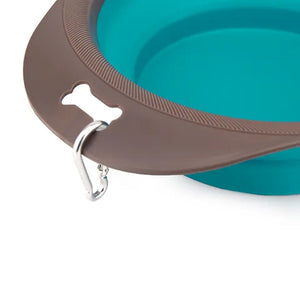 Pet water bowl with grey rim and teal interior on a white background