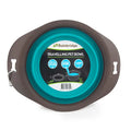 Teal and grey travelling pet bowl with Bainbridge branding on a white background