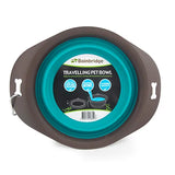 Teal and grey travelling pet bowl with Bainbridge branding on a white background