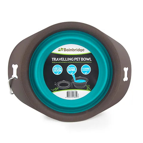 Teal and grey travelling pet bowl with Bainbridge branding on a white background