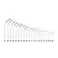 Set of metal suture needles with numbered labels on a white background