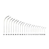 Set of metal suture needles with numbered labels on a white background