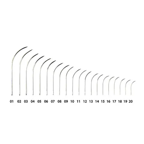 Set of metal suture needles with numbered labels on a white background