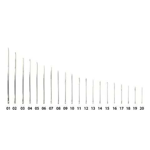 Set of 20 thin needles on a white background with numbers labeled from 01 to 20.