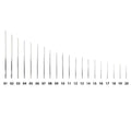 Set of 20 metal needles with visible measurement labels on a white background