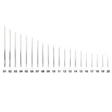 Set of 20 metal needles with visible measurement labels on a white background