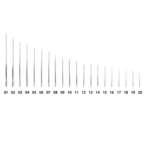 Set of 20 metal needles with visible measurement labels on a white background