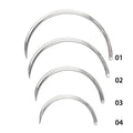 Set of four silver suture needles of different lengths on a white background