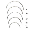 Set of five silver curved suture needles with numbers on a white background