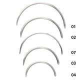 Set of five silver curved suture needles with numbers on a white background
