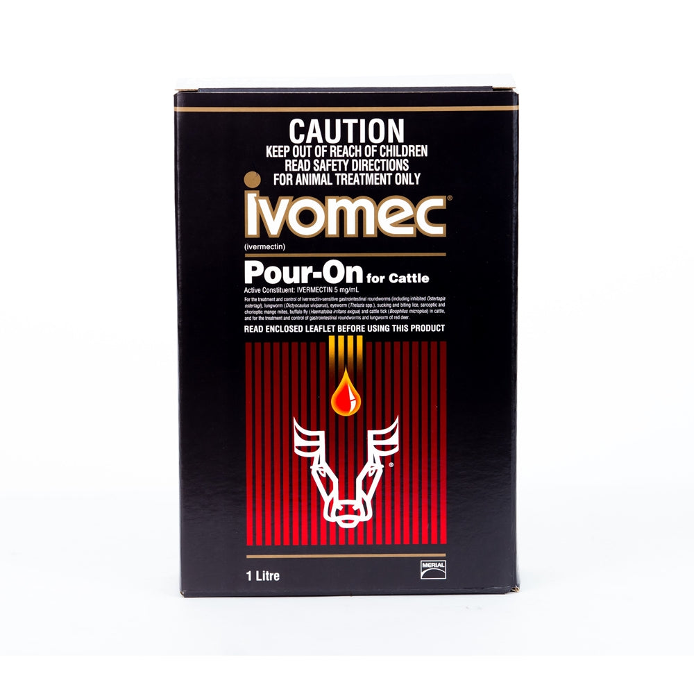 Ivomec Pour-On 1 Litre packaging for cattle on a white background