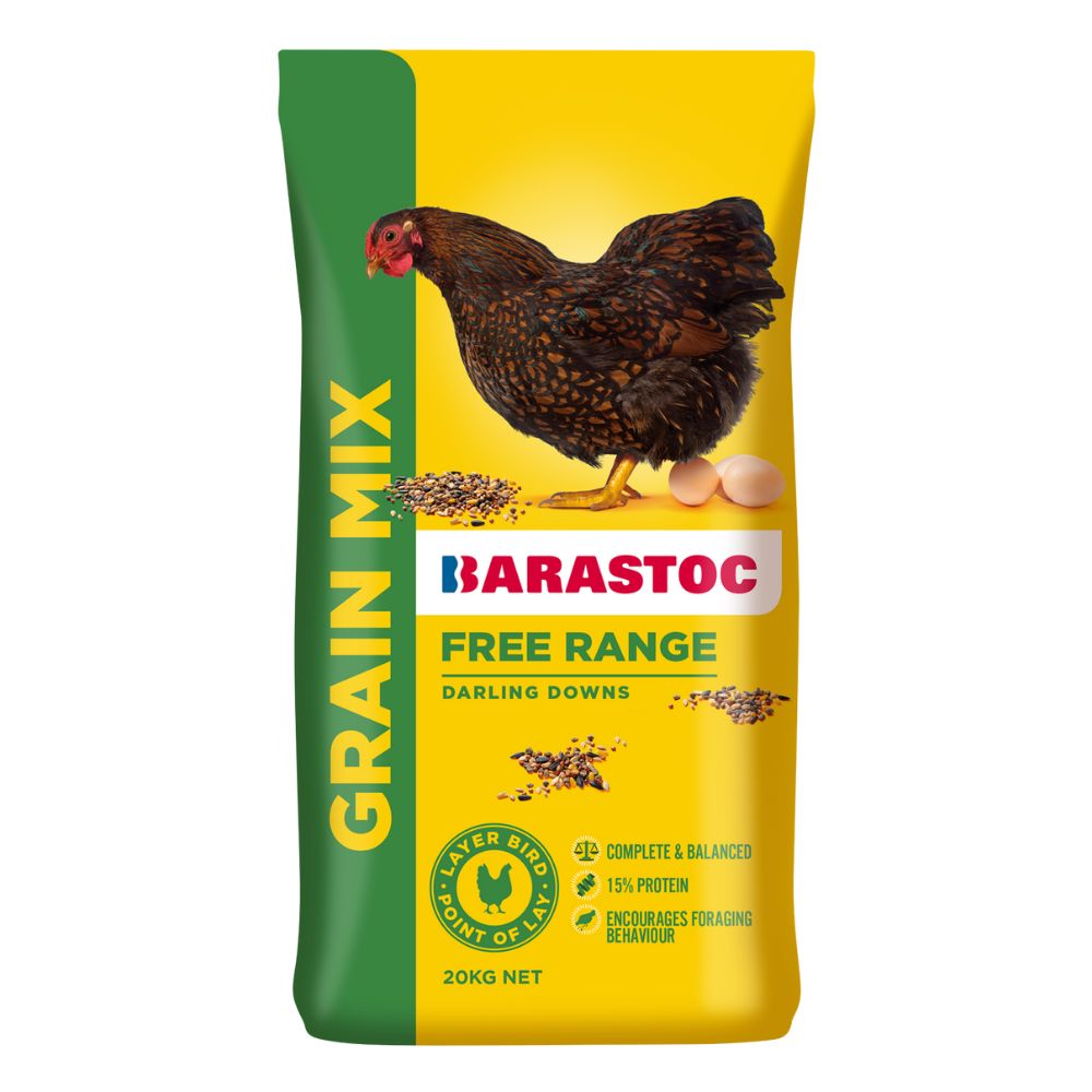 Barastoc Grain Mix for free-range chickens on a yellow and green package.