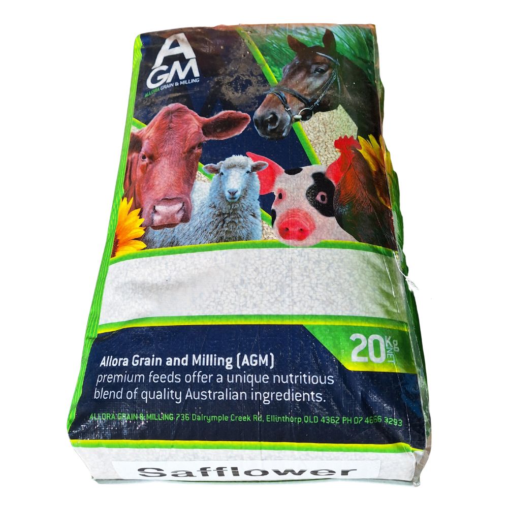 Bag of Allora Grain and Milling (AGM) safflower feed with animal images on the packaging.