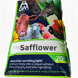 Bag of Allora Grain and Milling (AGM) safflower feed with images of animals on a white background