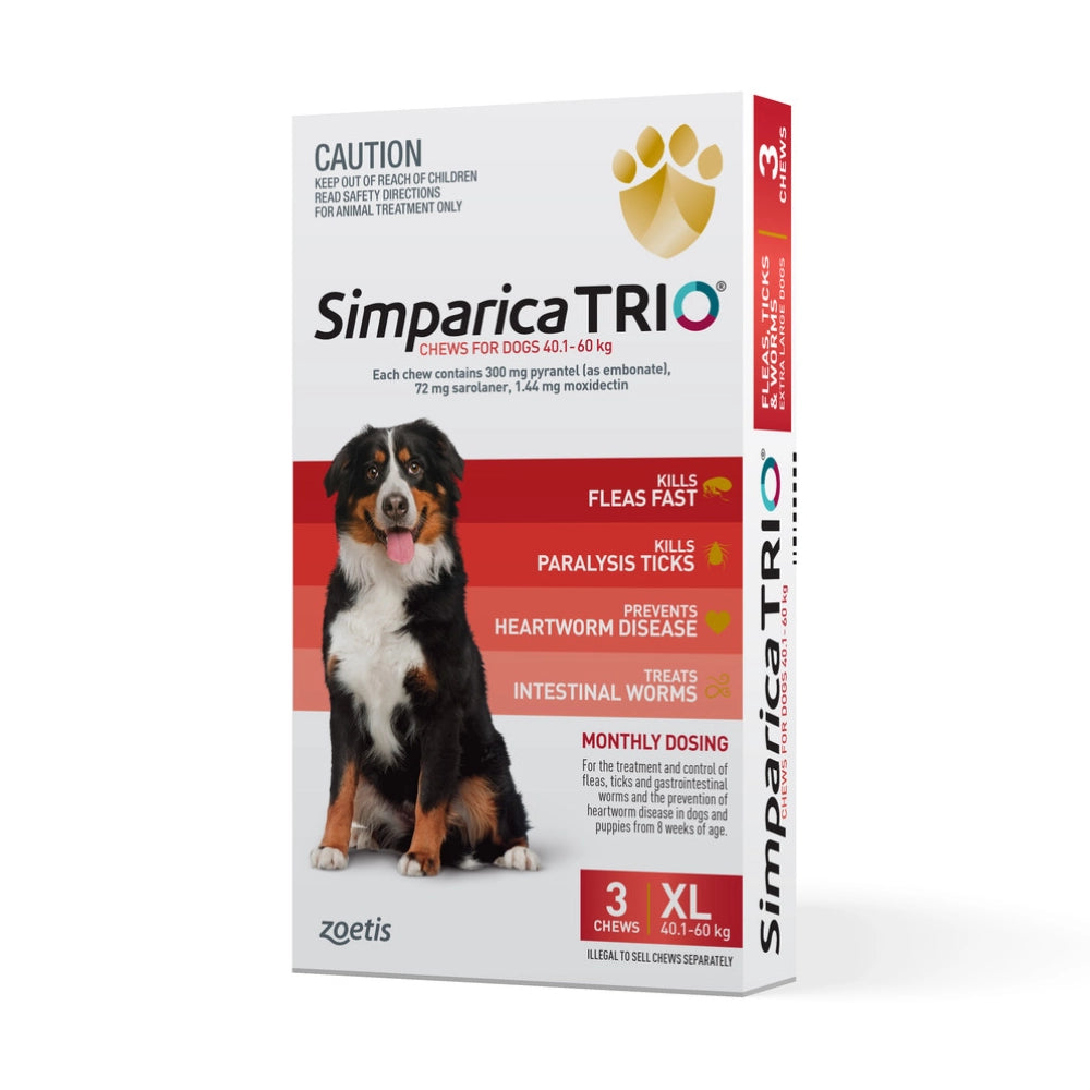 Simparica TRIO packaging for dogs with a dog illustration on a white background