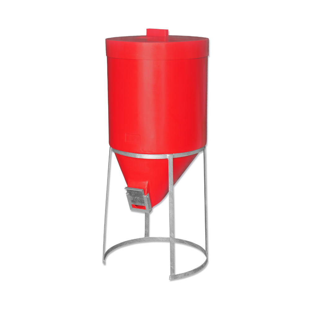 Red cylindrical 200 litre mini silo with galvanised metal stand