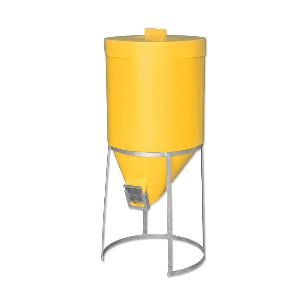 Yellow cylindrical 200 litre mini silo with galvanised metal stand