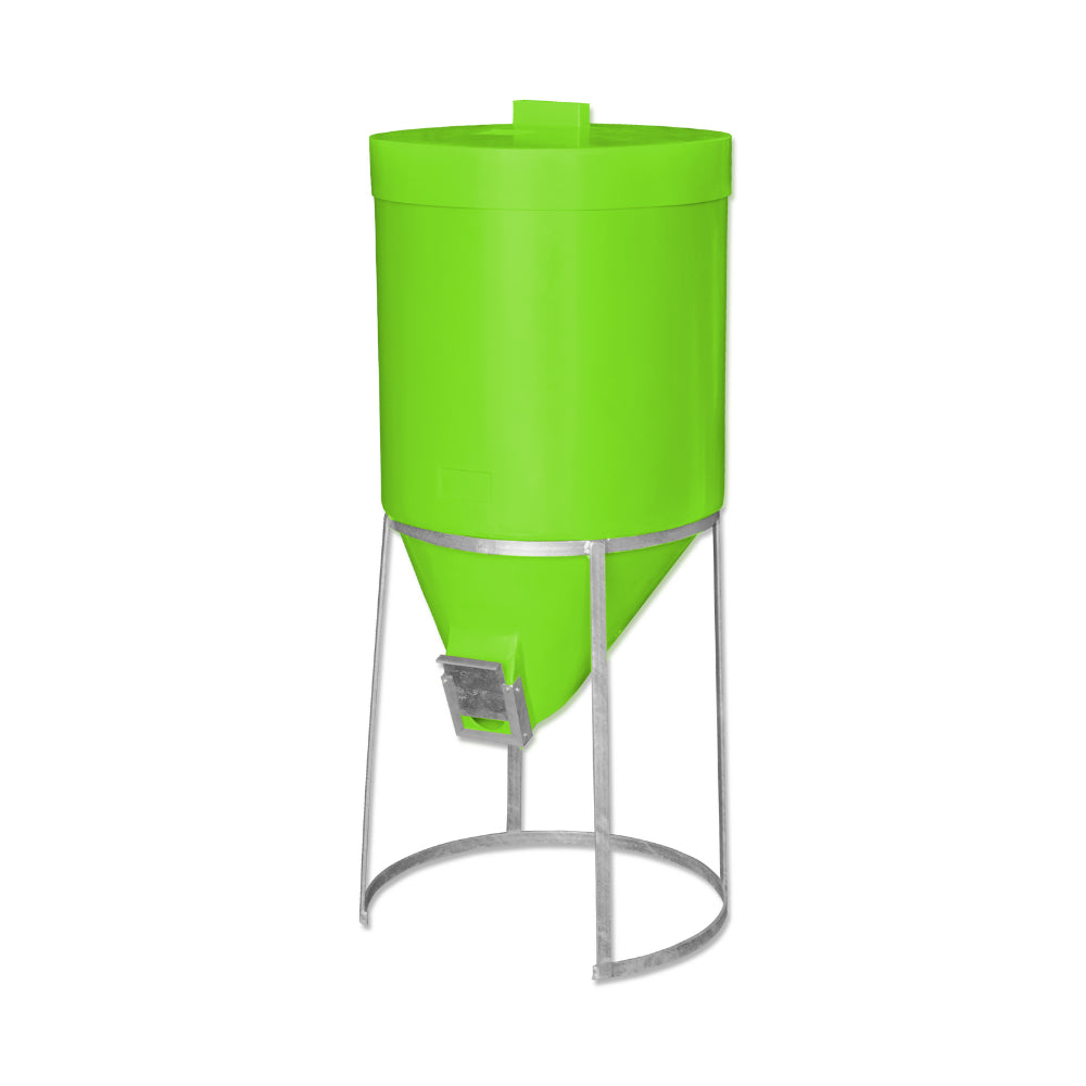 Lime Green cylindrical 200 litre mini silo with galvanised metal stand