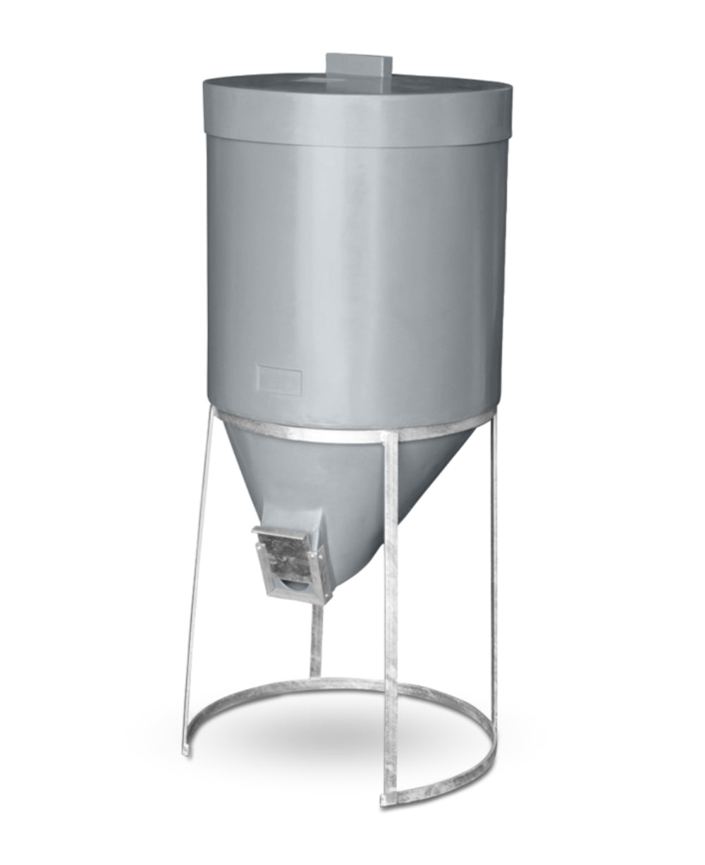 Gray cylindrical 200 litre mini silo with galvanised metal stand