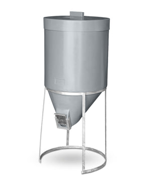 Gray cylindrical 200 litre mini silo with galvanised metal stand