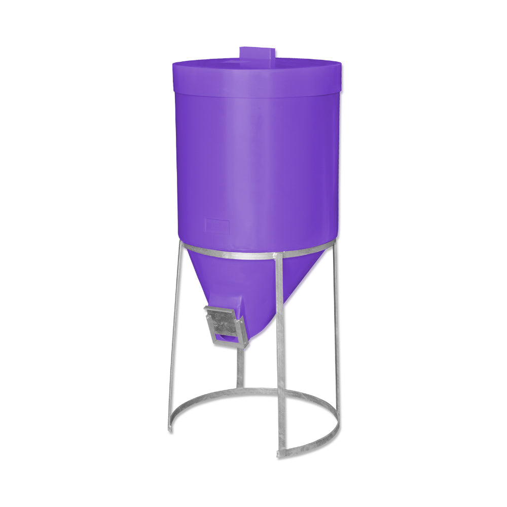 Purple cylindrical 200 litre mini silo with galvanised metal stand