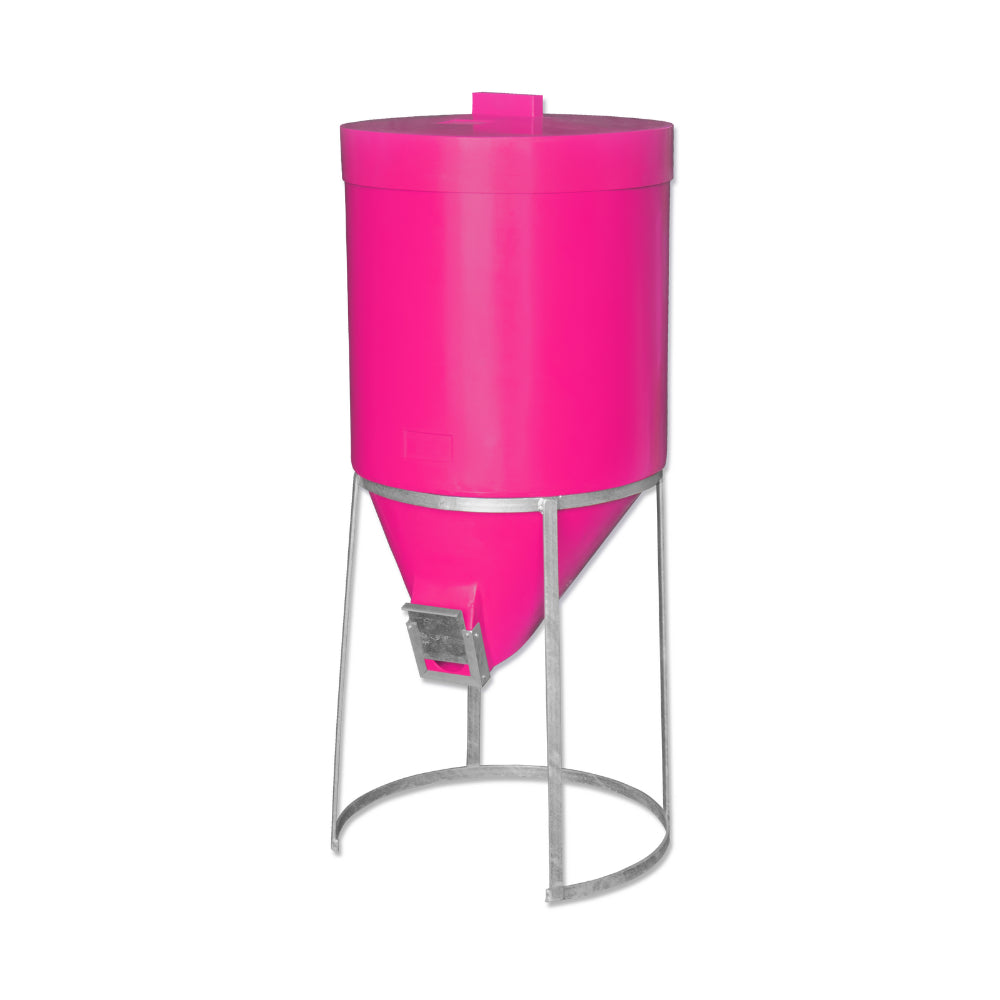 Pink cylindrical 200 litre mini silo with galvanised metal stand