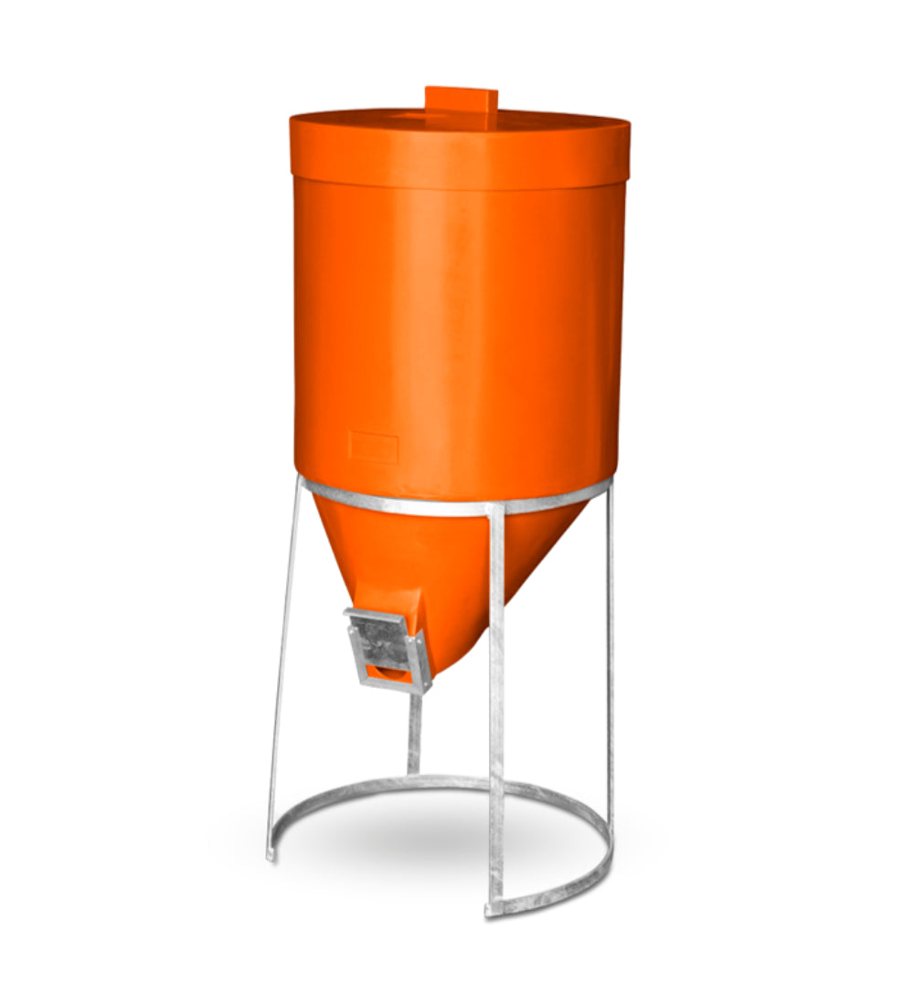 Orange cylindrical 200 litre mini silo with galvanised metal stand