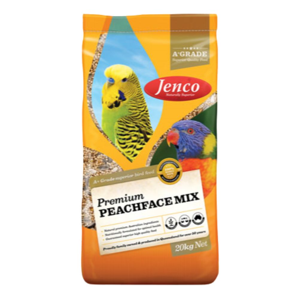 Jenko Premium Peachface Mix bird food packaging with a parrot illustration on a white background