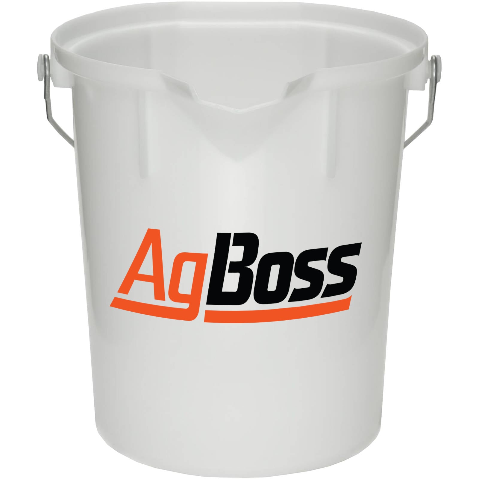 Transparent white bucket with AgBoss logo on a white background
