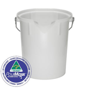 Transparent white bucket with PourMaxx logo on a white background