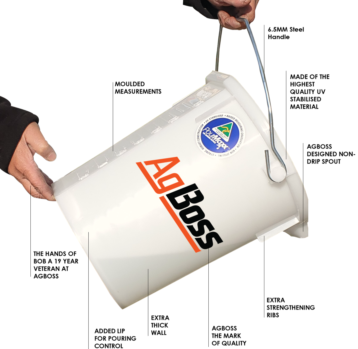 Transparent white bucket with AgBoss branding and features highlighted on a white background